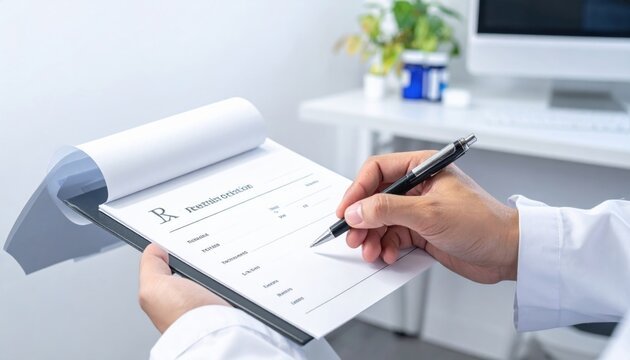 Doctor's hand holding a pen and prescription pad poised to write medical treatment details for a patient