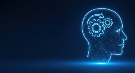 Abstract digital brain with glowing gears symbolizing thought processes and technological innovation