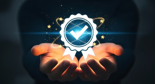 Hands holding glowing checkmark with stars white