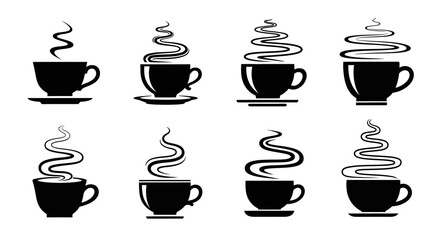 Fototapeta premium Eight distinct black silhouette coffee cups with artistic steam designs, elegant and stylized hot beverage icons for menus