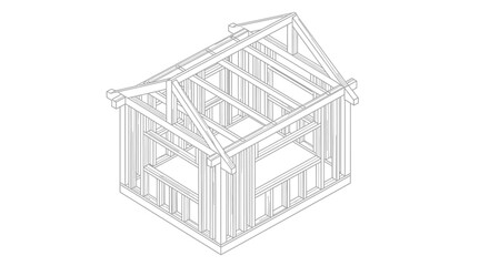 Isometric Wooden House Frame Construction Structure on Isolated White Background