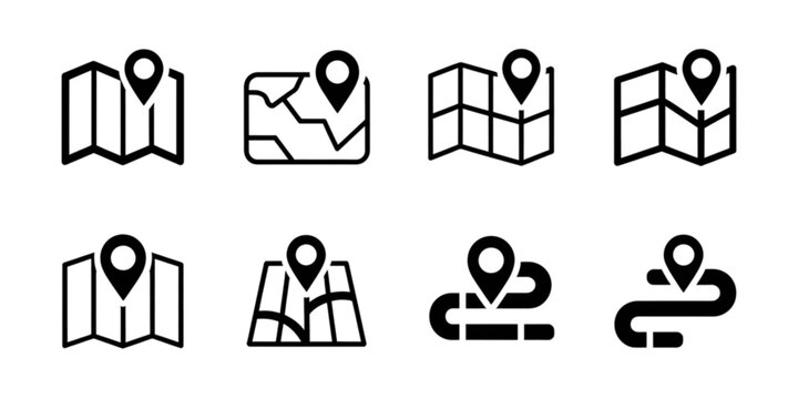 Various icons representing map locations and navigation paths Vector