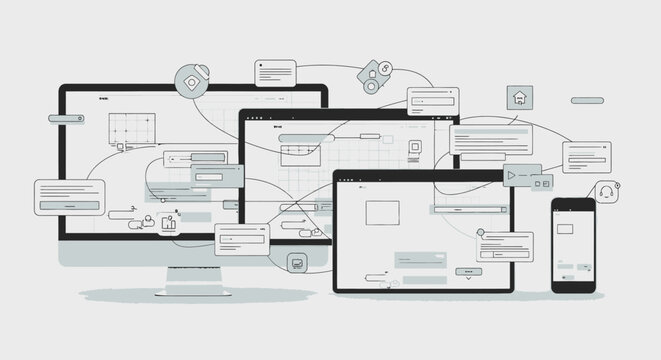Responsive Web Design Concept with Laptop, Tablet, and Smartphone Devices on a Light Grey Background