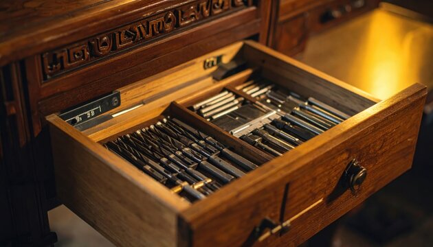 Gleaming mahogany desk drawer precisely organized with an array of fine woodworking chisels and measuring tools.