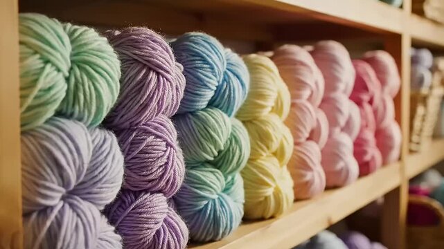 Array of Colorful Soft Yarn Skeins in Gentle Pastel Shades on Wooden Shelves