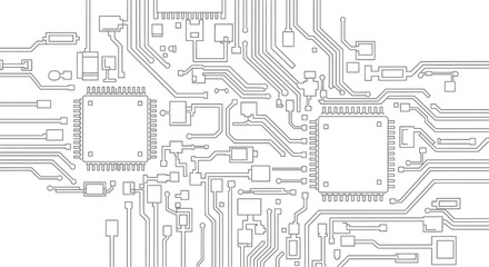 Circuit board diagram with microchips and electronic components, isolated white background