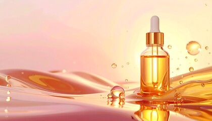 Naklejka premium Luxury cosmetic serum dropper bottle with golden oil capsules on pastel background, skincare product mockup with soft light and elegant beauty concept
