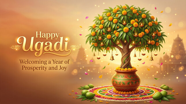 Happy ugadi celebration with decorated mango tree and colorful rangoli pattern on floor
