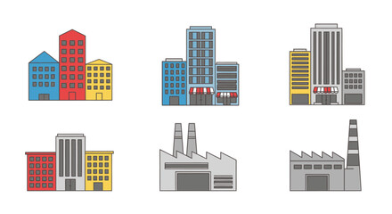 A collection of six distinct vector illustrations depicting various urban buildings and industrial factories with different architectural styles and colors.