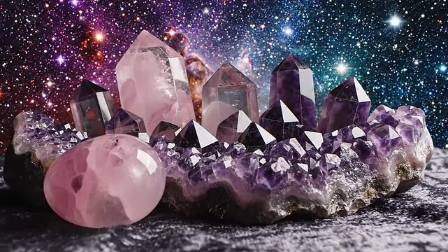 A dazzling collection of polished quartz crystals including amethyst and rose quartz clusters, displayed against a vibrant cosmic galaxy background