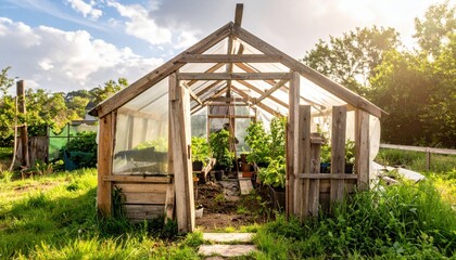 Fototapeta premium Rustic homemade wooden greenhouse filled with thriving green plants under a bright sunny sky