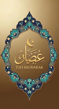 An elegant Eid Mubarak greeting card featuring intricate Islamic geometric patterns in teal, navy, and gold. The central golden calligraphy and crescent moon symbolize the celebration of this holy occ