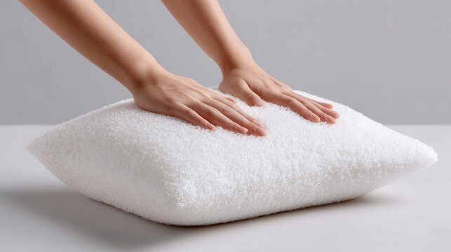 Person squeezing memory foam pillow to show softness and slow rebound effect in a clean setting