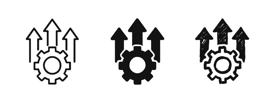 Process improvement icon set. Gear with arrows moving up symbol for optimization and efficiency.