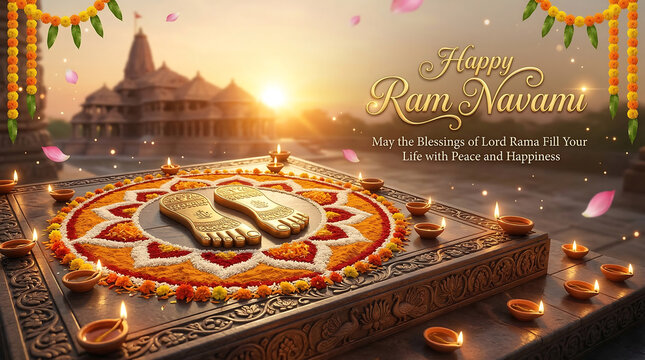 Vibrant hindu ram navami celebration with floral rangoli candles and temple background at sunset