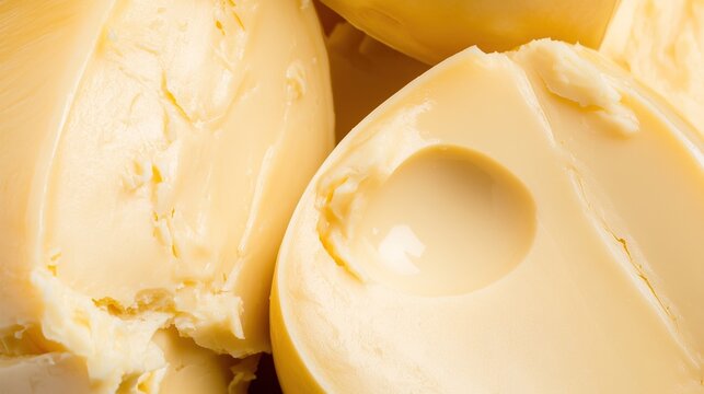 caciocavallo. Close-up of a freshly cut cheese with a dense pale interior and smooth surface. menu design, packaging mockups, designed for culinary blogs and recipe cards for restaurants.