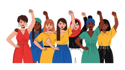 Obraz premium Diverse women crowd group raising fists in unity, symbolizing strong power and strength across ethnicity in a modern flat vector illustration.