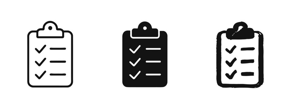 Checklist clipboard icon set. Task completed, to-do list or survey symbol in different styles.