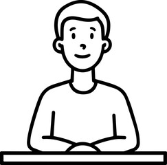 Obraz premium Hand Drawn Man Sitting at Desk Black and White Avatar Illustration in Minimal Line Art Style Design