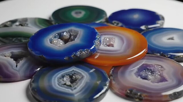 Collection of Polished Multicolored Agate Slices Used as Decorative Coasters