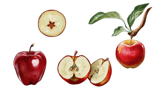 Various red apples shown with one whole apple, two halves, and one slice revealing the core and seeds