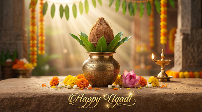 Ugadi festival decorations with flowers lamp and traditional indian pot happy ugadi celebration