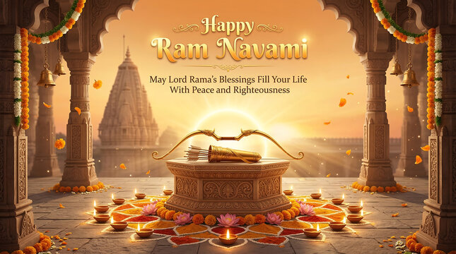Happy ram navami greeting with sacred hindu artifacts and temple background at sunset
