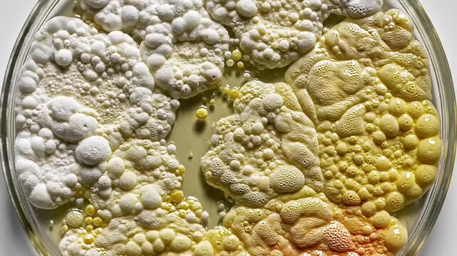 Diverse bacterial colonies form textured, organic clusters on a nutrient-rich agar surface in a petri dish, showcasing microbial growth and scientific research.