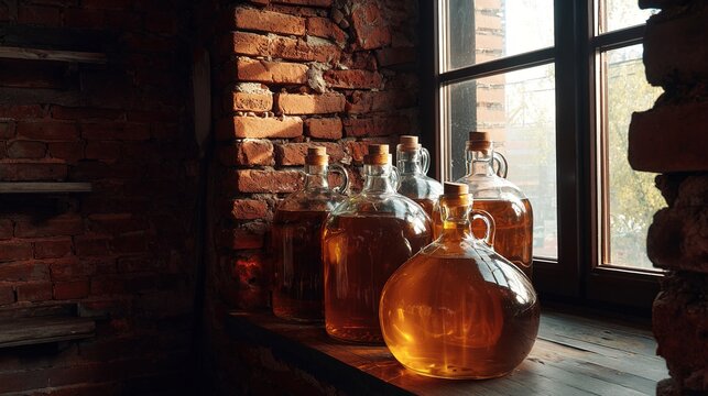 carboys. Several glass carboys containing amber liquid in a rustic distillery corner, moody atmosphere. bar promotions, beverage menus, designed for food & beverage menus and cafe branding.