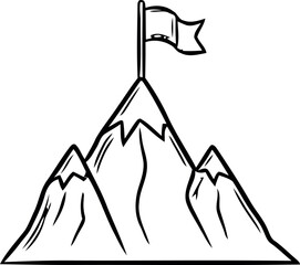 Obraz premium A black and white illustration of a mountain peak with a flag on the summit. Vector
