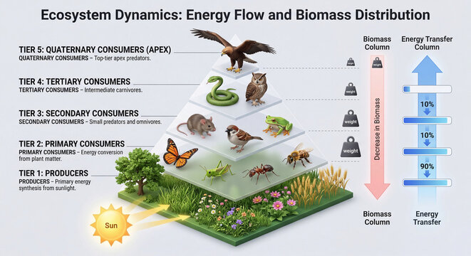 Ecological Pyramid Infographic Showing Energy Flow and Biomass Distribution in an Ecosystem