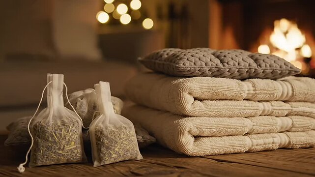 Herbal tea sachets and cozy blankets by a warm fireplace with soft bokeh lights create a scene of ultimate comfort.