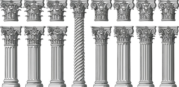 Classic Corinthian Columns Collection with Ornate Capitals and Fluted Pillars Architectural Engraving Style Vector Illustration Set