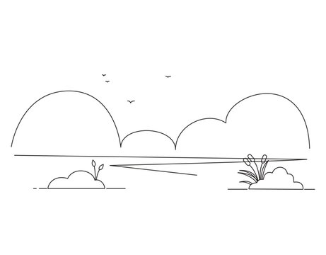 Minimalist line art landscape shows sailboat on water with bushes, hills, and birds in sky, capturing tranquil open nature mood ideal for decorative, educational, and creative visual use