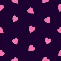Seamless pattern with cute pink hearts scattered on dark purple background. Romantic repeating texture for textile, wrapping paper, stationery, packaging and modern surface design.
