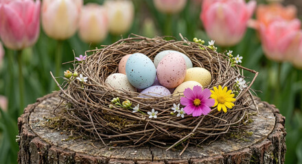 Obraz premium Easter eggs in nest on tree stump with flowers, springtime decoration