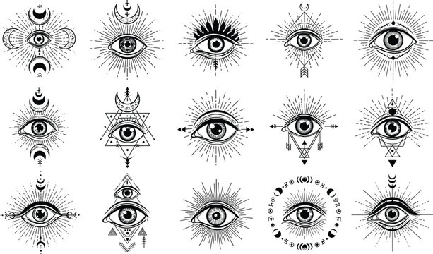 All Seeing Eye Symbol Collection with Sacred Geometry, Crescent Moon and Esoteric Mystic Line Art Vector Illustration Set