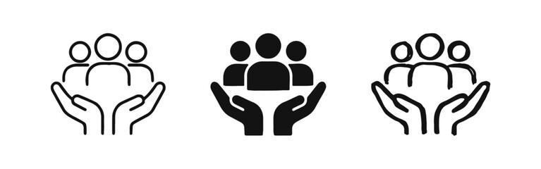 Community care and support icon set, showing hands cradling a group of people.