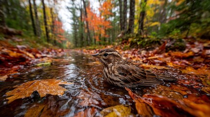 Brown Bird Bathing in Clear Water Surrounded by Fall Leaves