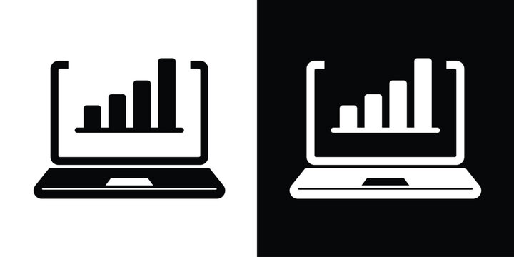 Flat vector icon of a laptop computer screen showing a bar chart. Ideal for mobile business reporting, remote data analysis, and portable financial tracking concepts.