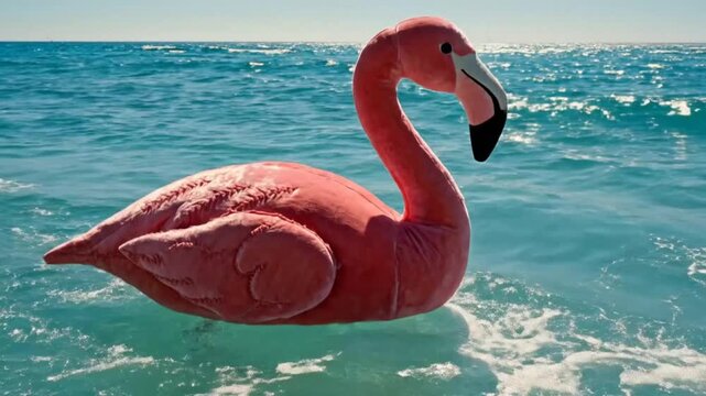 Large pink flamingo inflatable floating on the crystal clear turquoise ocean water on a sunny day