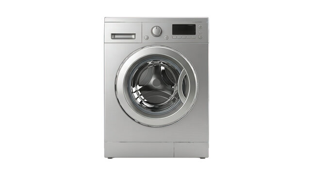 Silver automatic washing machine with front-loading door and digital display isolated on a transparent background