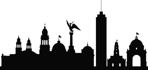 Obraz premium Silhouette of Mexico City skyline featuring Angel of Independence, Torre Latinoamericana, domed churches, and modern skyscrapers representing cultural heritage