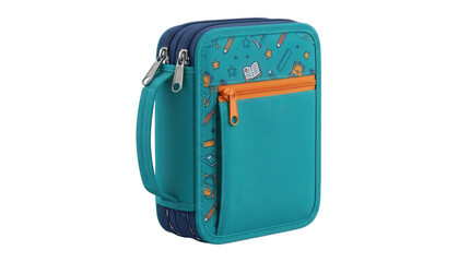 Teal and navy stationery case with colorful doodle print and orange zipper isolated on a transparent background