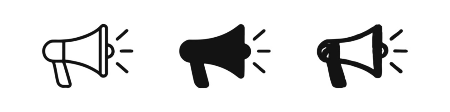 Megaphone icon set. Announcement, marketing, and communication symbols in various styles.
