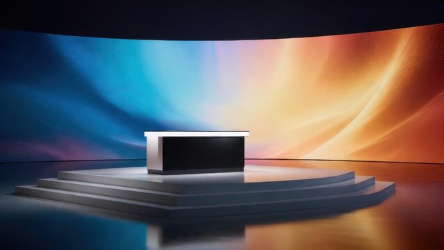 Central desk on stepped platform with colorful backdrop display