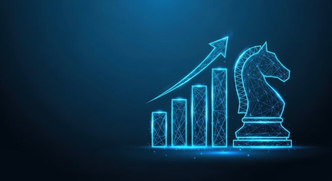 Business growth strategy illustrated by a glowing blue chart with an upward trend and a chess knight piece.
