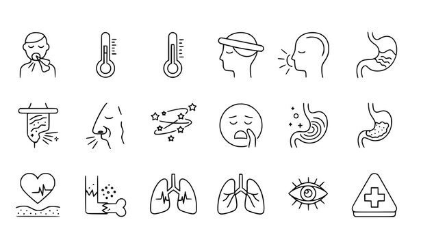 A set of line art medical icons illustrating various health symptoms and body parts