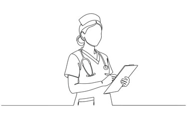 Continuous one line drawing of Female Nurse medical staff taking a note vector illustration.
