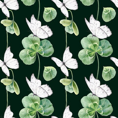 Seamless pattern of three leaf clovers,scattered petal,white butterflies,celebrating St. Patricks Day,Irish heritage.Soft watercolor with fresh greens for festive branding,event decor,cultural designs © AnKa